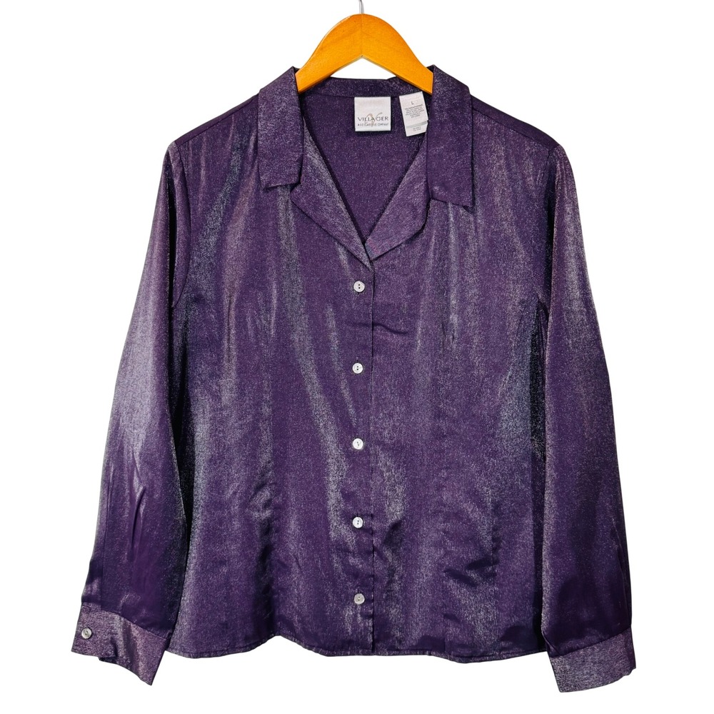 Villager Button Front Blouse Womens L Purple Shimmer Long Sleeve Liz Claiborne
